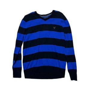 American Eagle Sweater Mens Large V Neck Colorblock Blue Black Long Sleeve